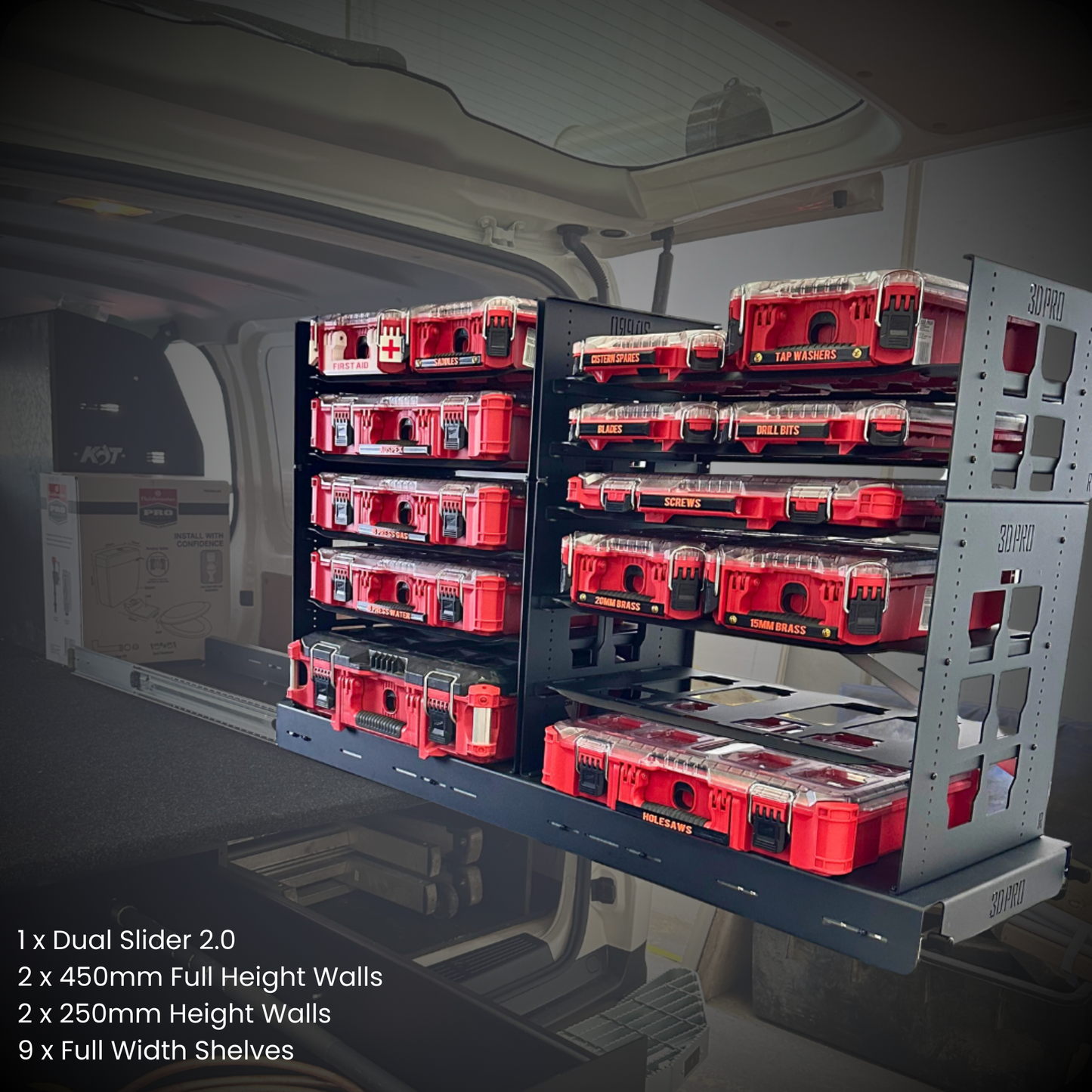 Storage rack with red tool boxes inside a vehicle, showing storage capacity details.