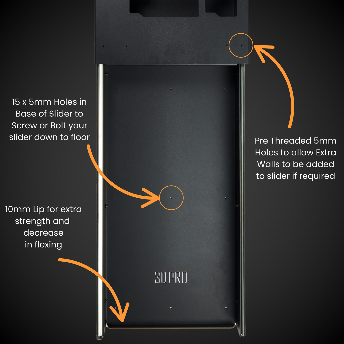 Black 1.5 Mini Slider (Pack A Shelf) with labeled features on a dark background