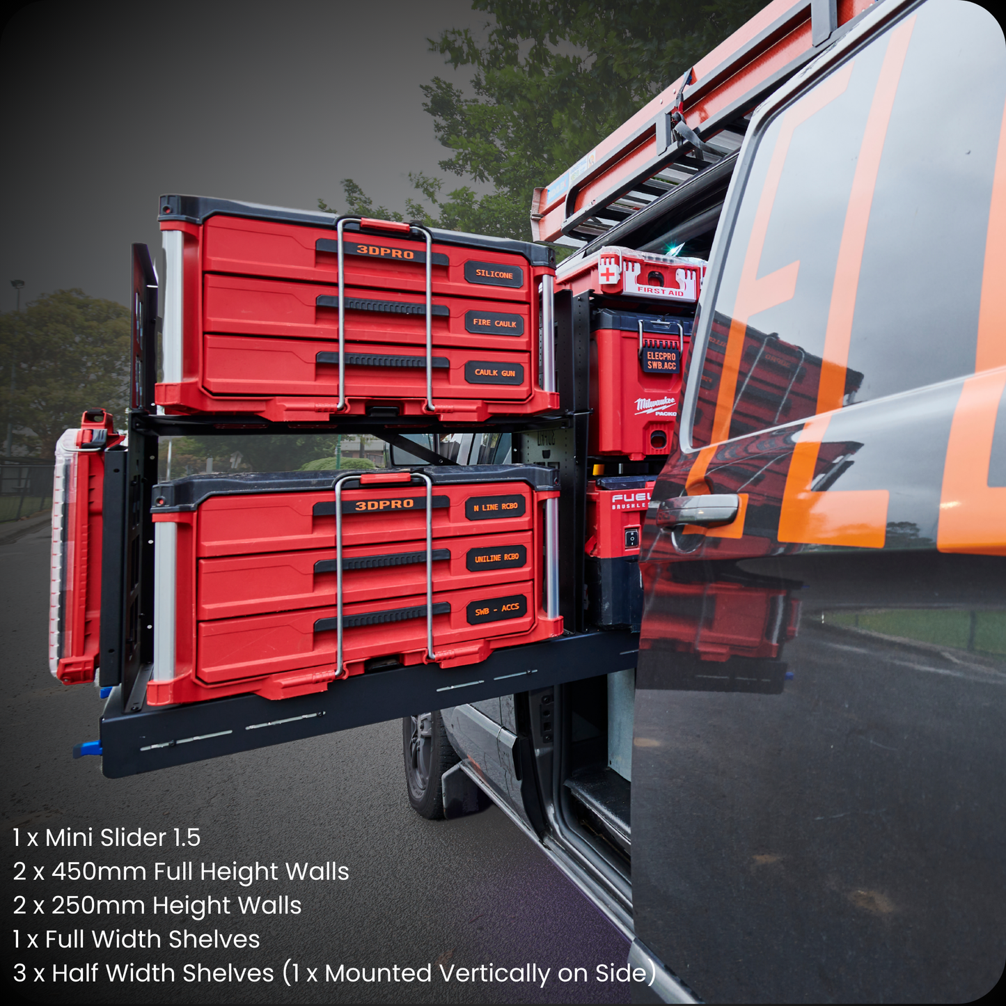 Van Set-up with 1.5 Mini Slider (Pack A Shelf) shelves, featuring Milwaukee tools.