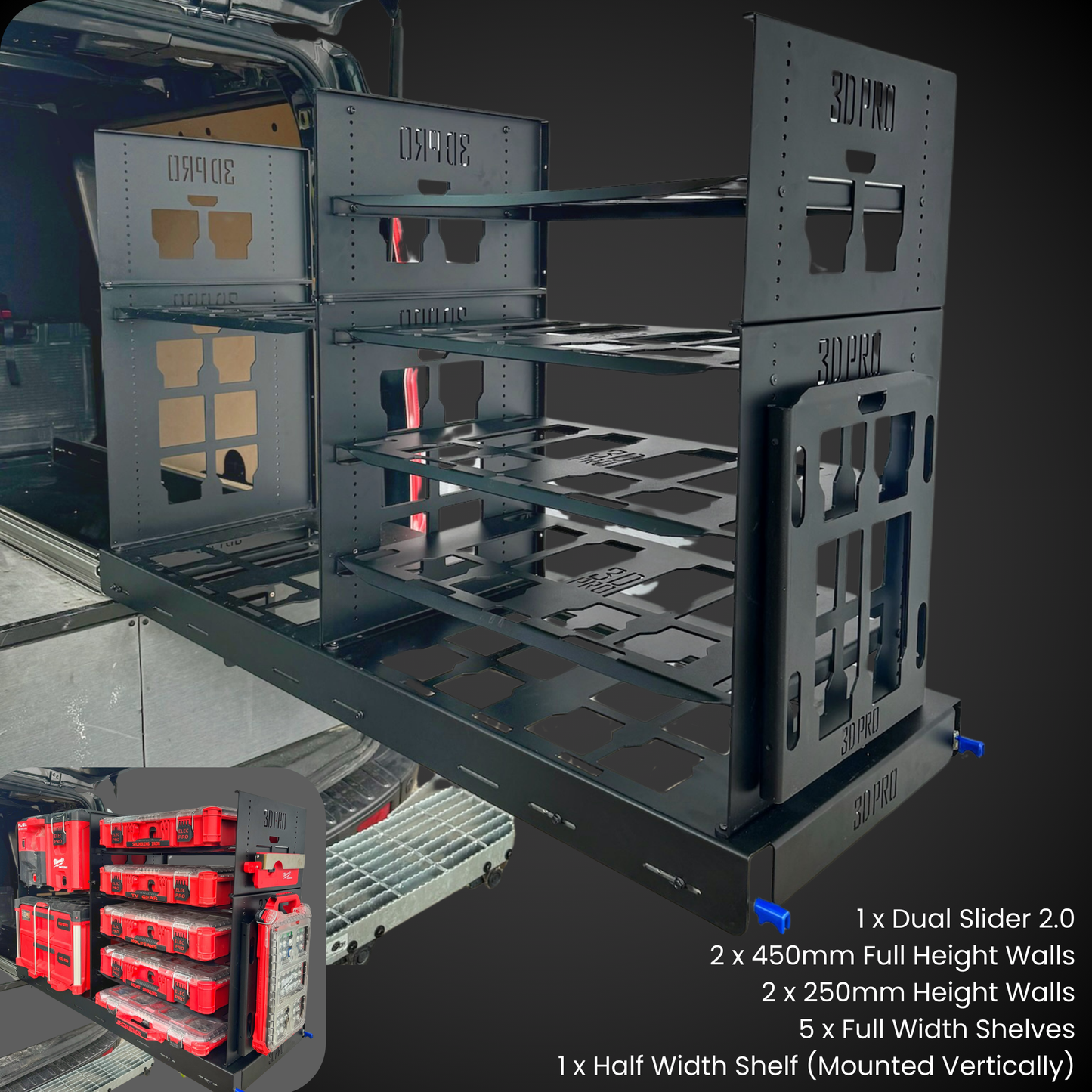 Modular shelving system with labeled components by 3DPRO on a dark background
