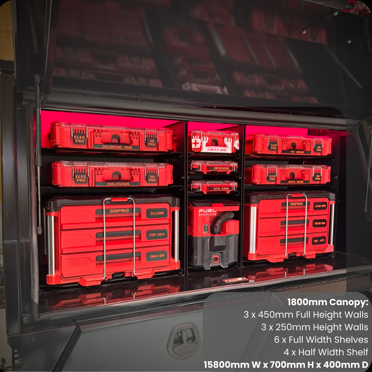 Red toolboxes inside a storage unit of a 1800mm canopy