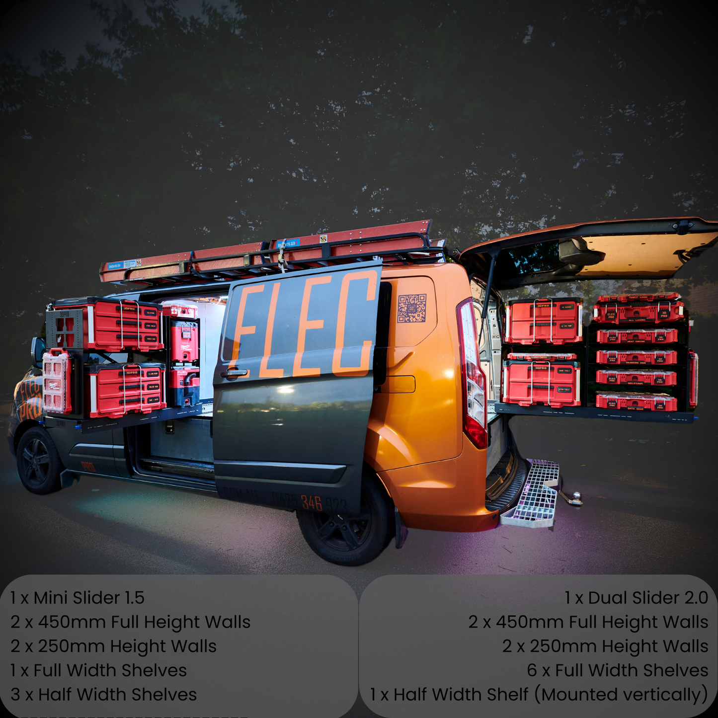 Van with storage solutions and 'ELEC' branding on a dark background