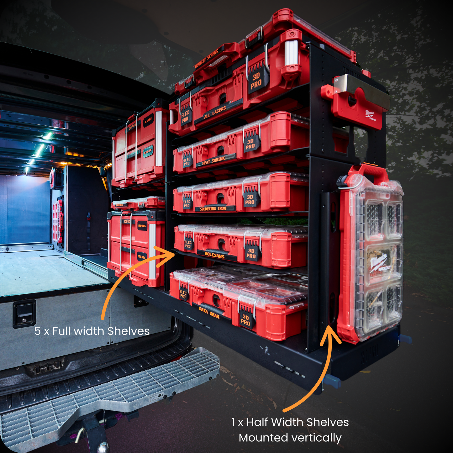 Red tool storage system with shelves inside a vehicle.