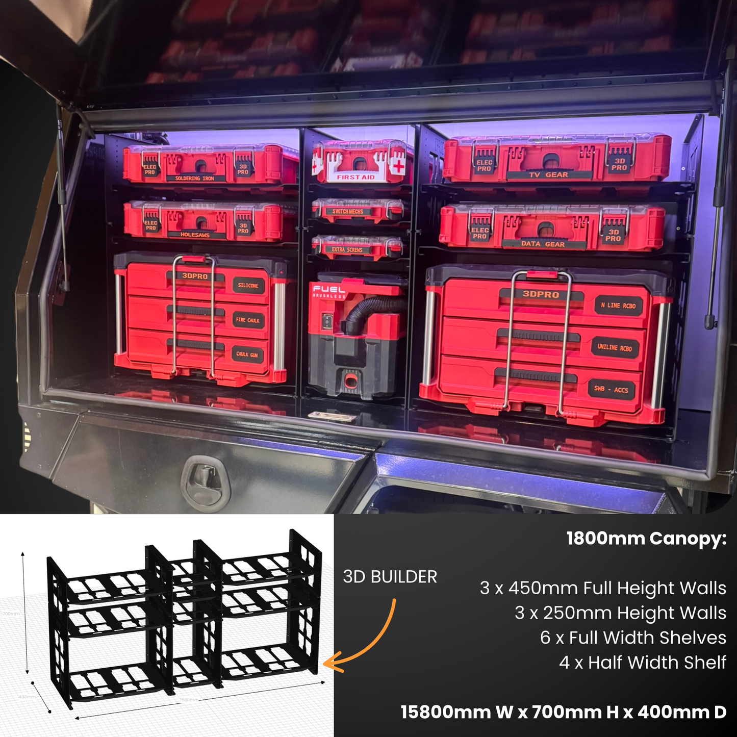 Open tool chest with red toolboxes and a 3D builder diagram below.