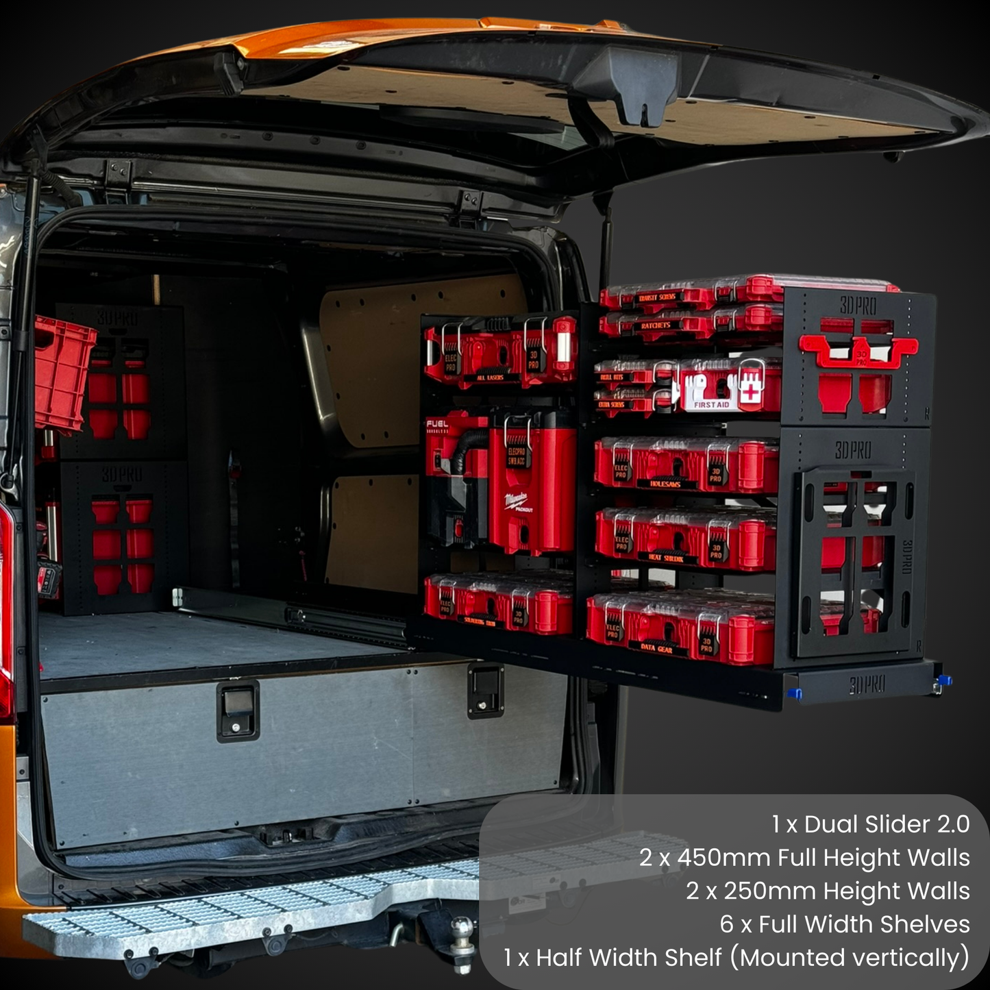 Trunk of a vehicle with storage system and red toolboxes using 1.5 Mini Slider (Pack A Shelf)