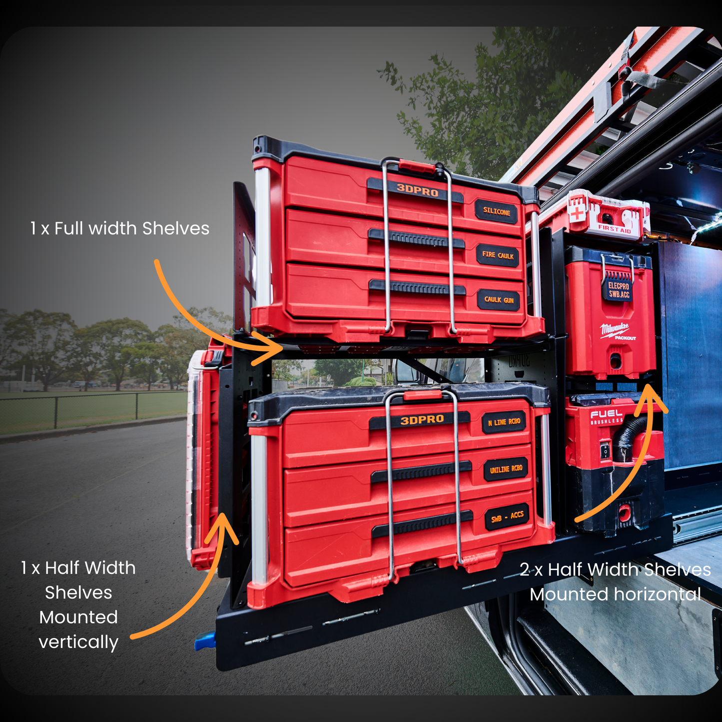 Red tool storage system with labeled shelves on a truck bed using a 1x Full width shelves and 1x half width shelf.