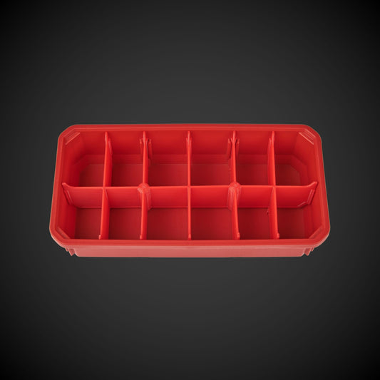 A red bin with red A red 12-Way Low Double Bin Divider (MP) with black dividers, designed for organizing tools in a Milwaukee Packout low organizer. dividers, designed for organizing tools in a Milwaukee Packout low organizer.