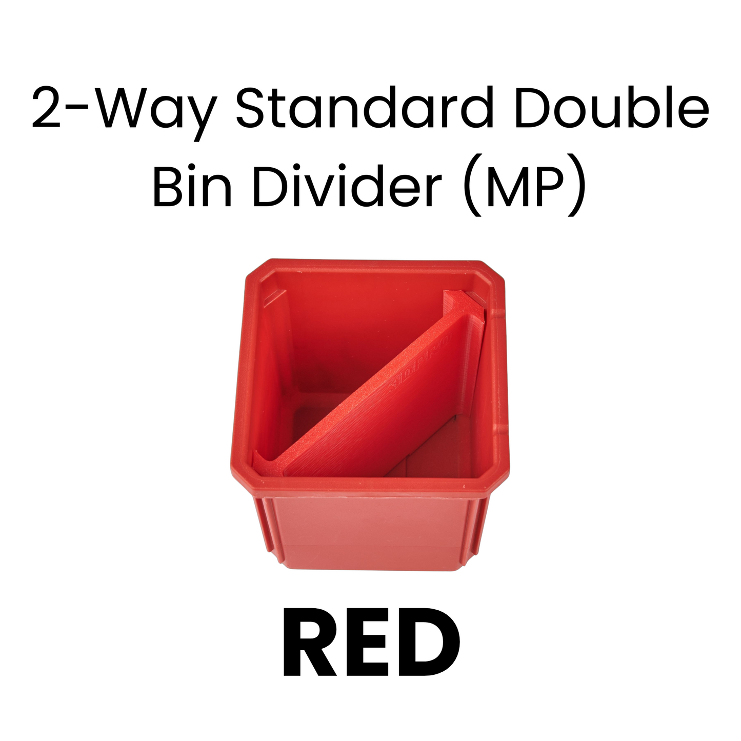 Red 2-way standard double bin divider with text on a white background