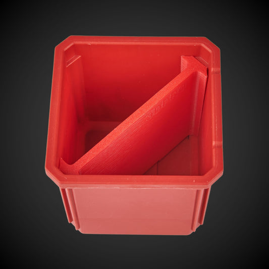 Red plastic bin with a 2-Way Standard Single Bin Divider (MP)