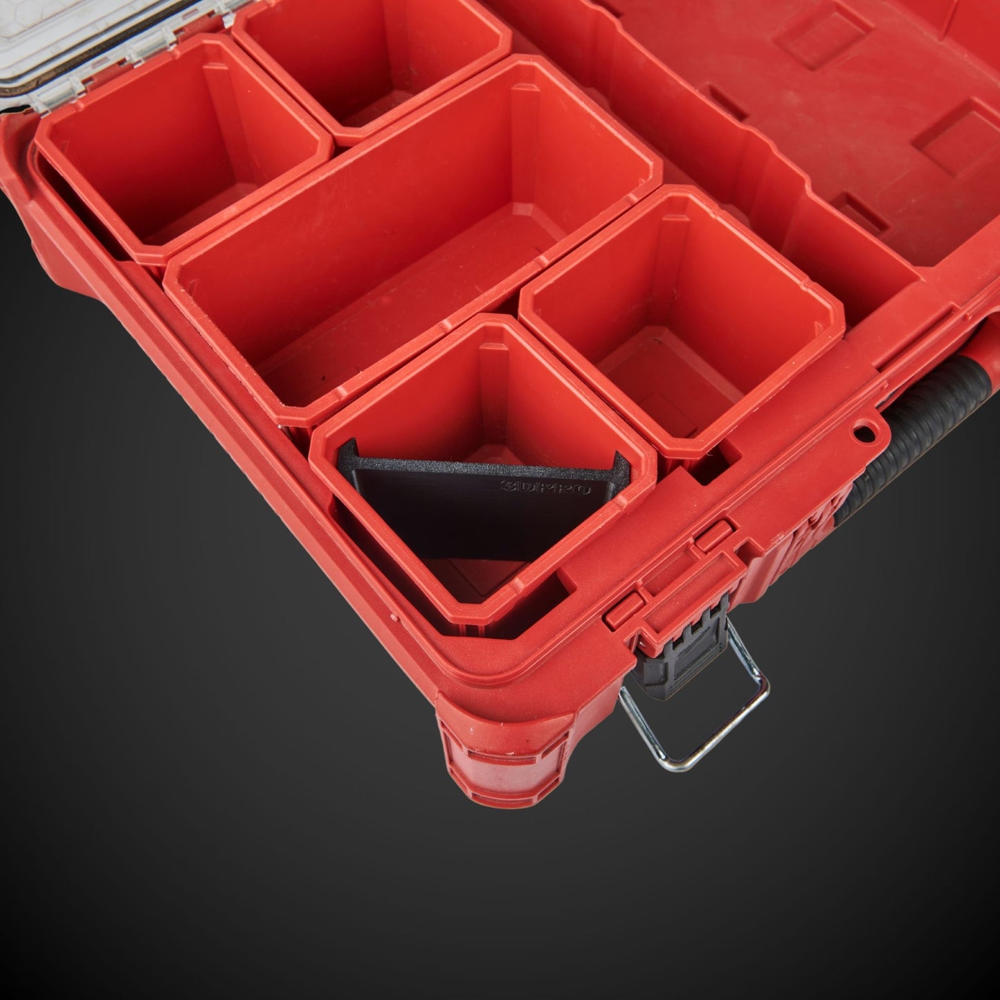 Milwaukee tool box with 2-Way Standard Single Bin Divider (MP) on a black background