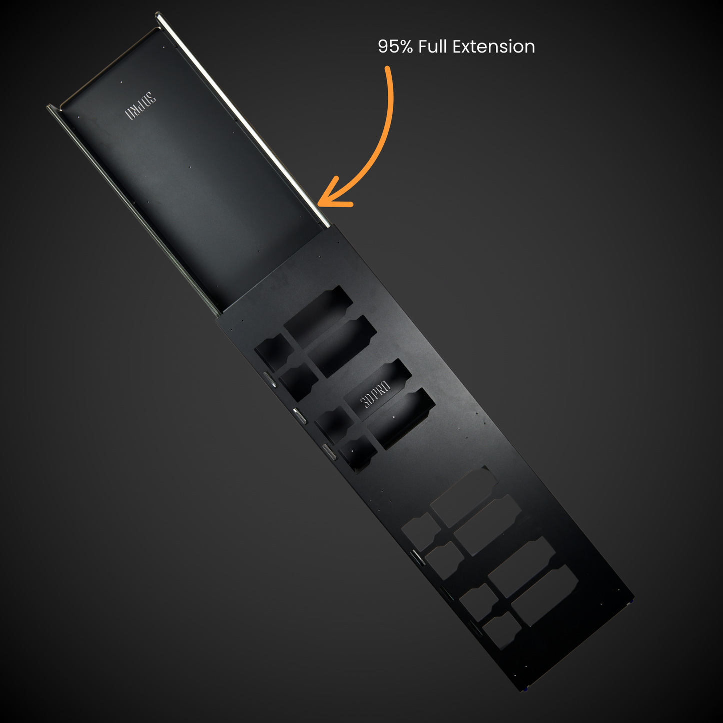 2.0 Dual Slider (Pack A Shelf) with '95% Full Extension' label and arrow on a dark background
