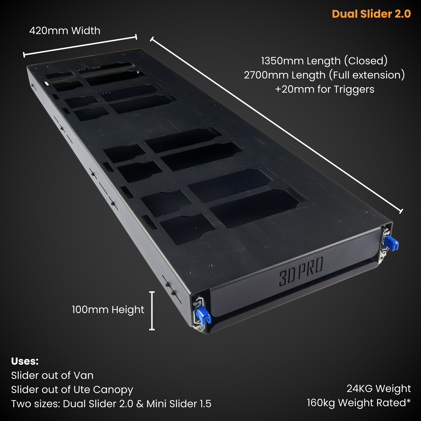 3D Pro Dual Slider 2.0 with dimensions and features on a dark background