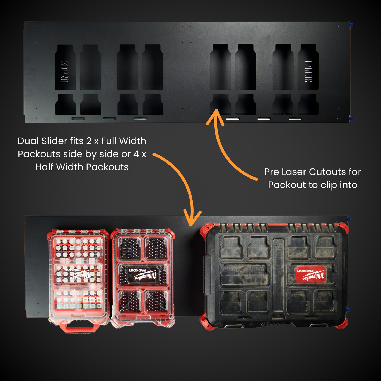 2.0 Dual Slider (Pack A Shelf) with laser cutouts for clip-in packouts on a black background