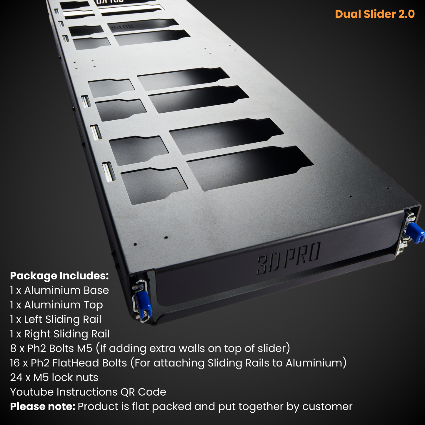 3D Pro Dual Slider 2.0 product with package details on a dark background