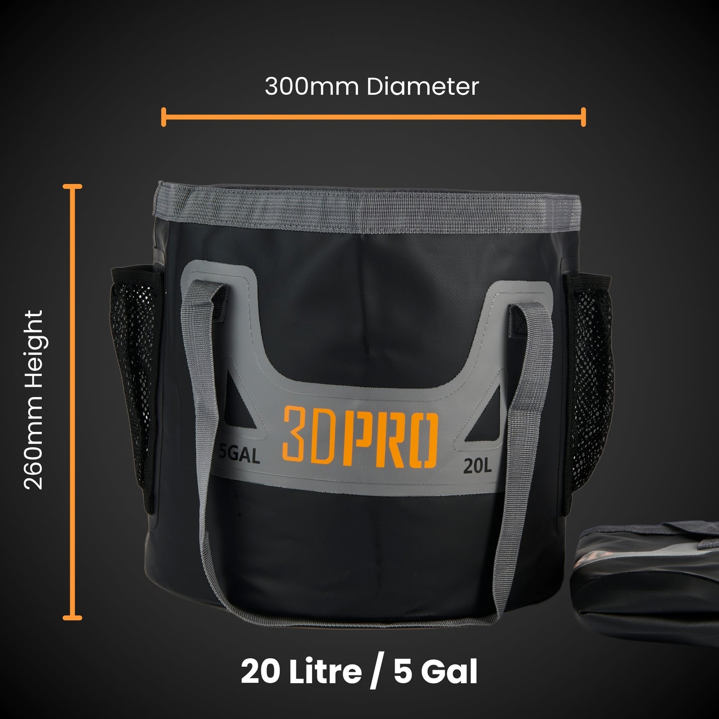 Black and gray bag with '3D Pro' branding and measurements on a dark background