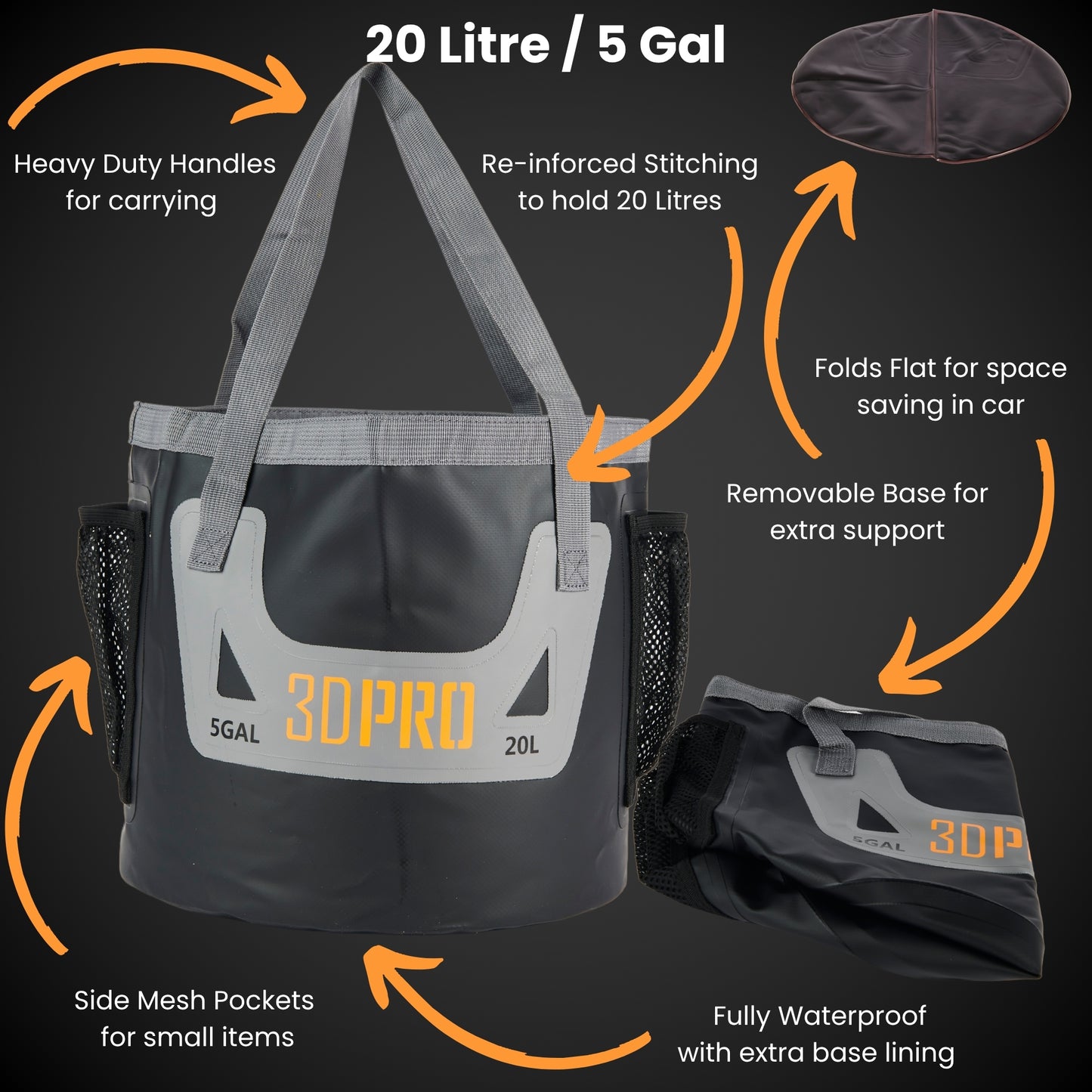 Black folding bucket with features highlighted on a black background