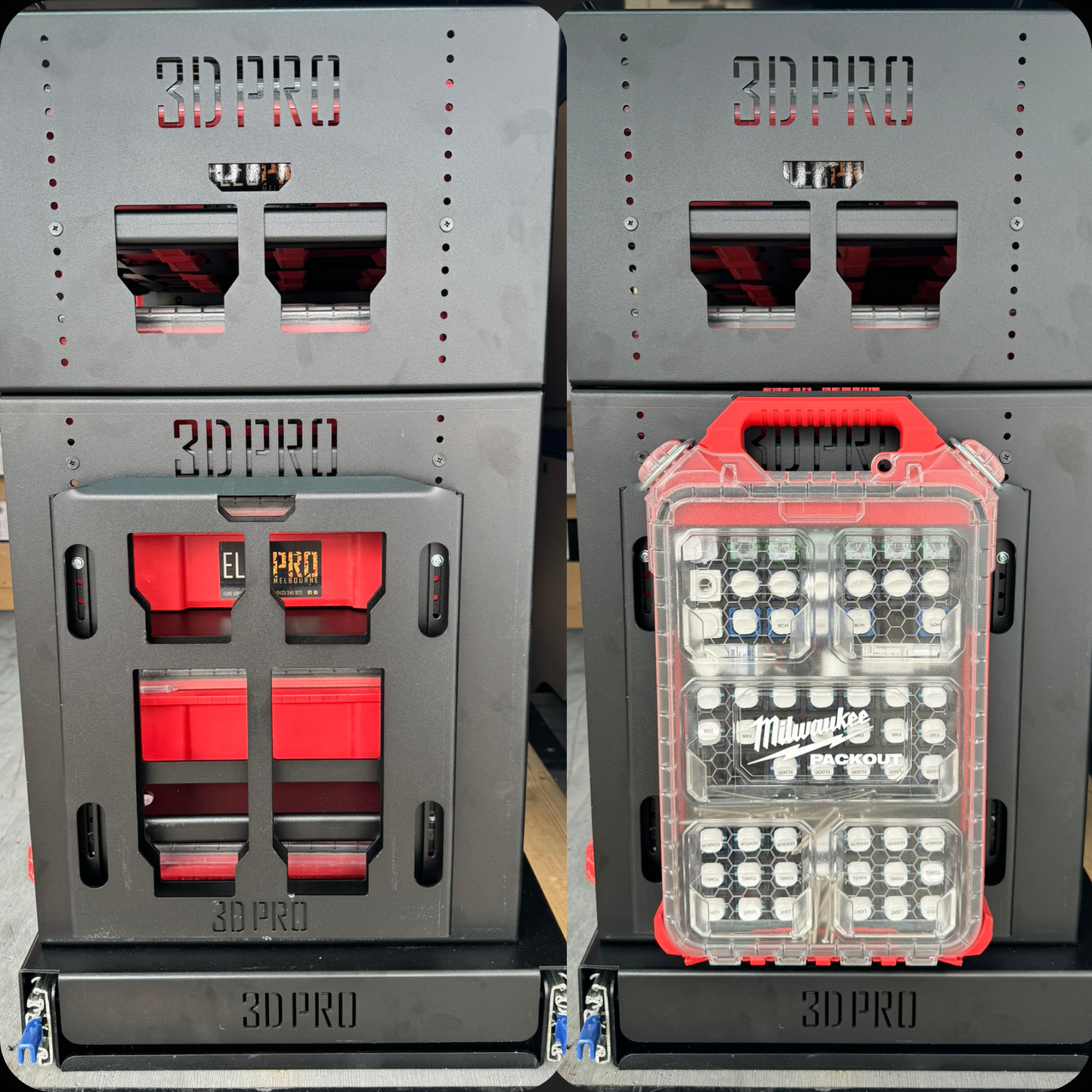 Set of Milwaukee toolboxes with visible branding on a 250mm Height Set of Walls (Pack A Shelf)