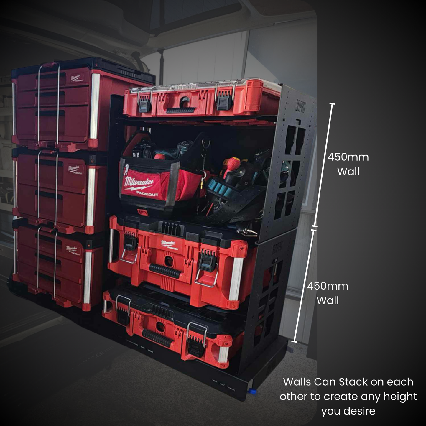 Stackable tool storage system with Milwaukee tools, showing height measurement and stacking capability.
