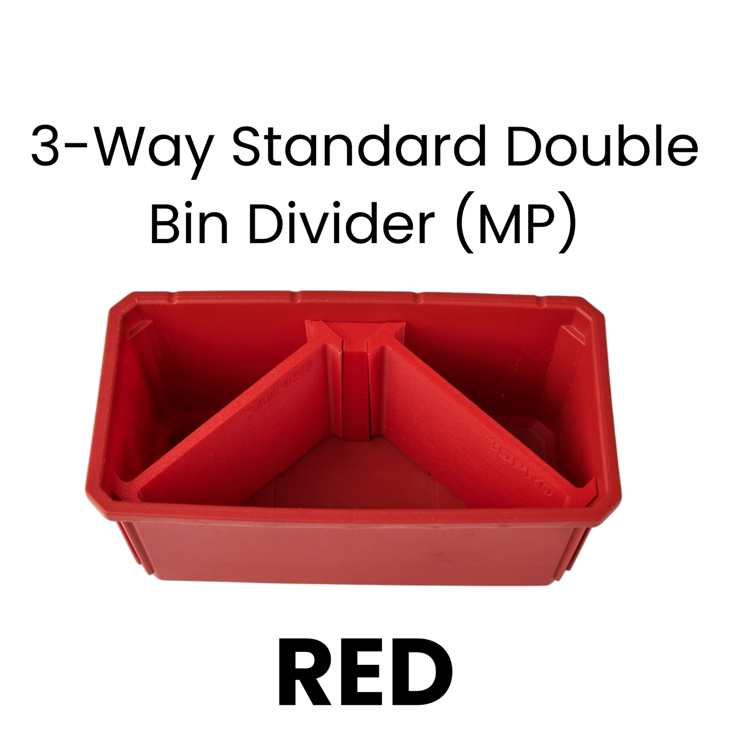Red 3-way standard double bin divider with text on a white background