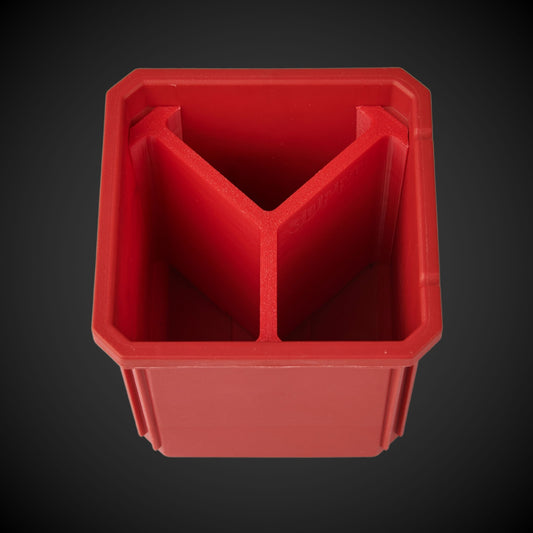Red plastic bin with a 3-Way Standard Single Bin Divider (MP) on a black background