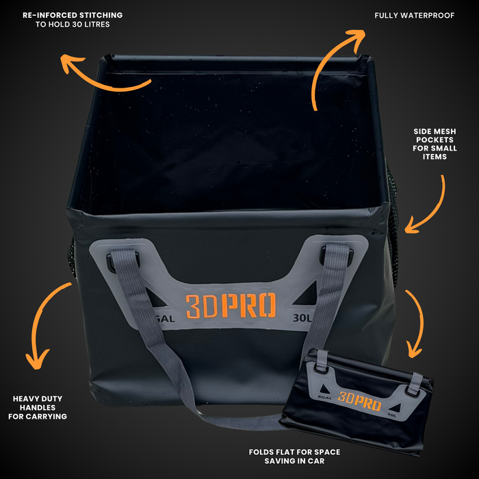 30L/8GAL Pro Square Folding Bucket with key features:
- re-inforced stitching to hold 30L
- fully waterproof
- side mesh pockets for small items
- folds flat for space saving in car
- heavy duty handles for carrying
