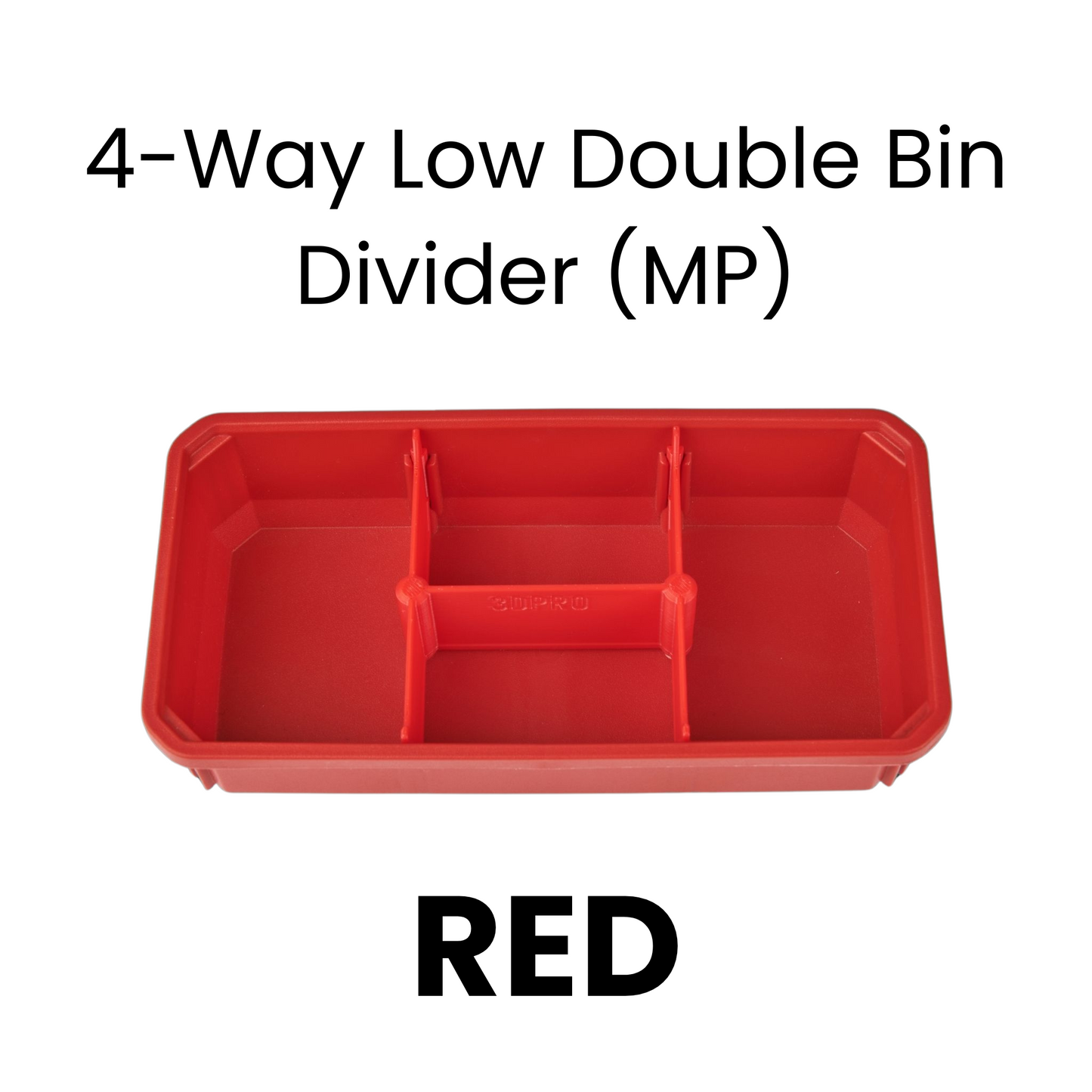 Red 4-way low double bin divider with text on a white background