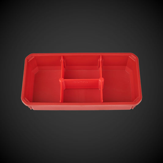 Red plastic tool box with red 4-Way Low Double Bin Divider (MP) on a black background