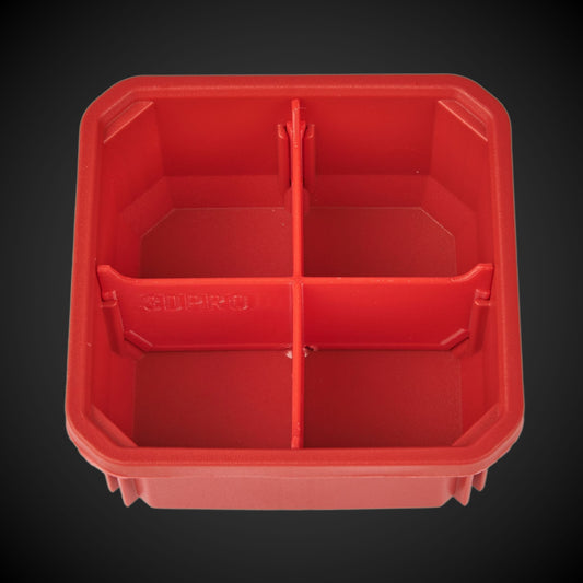 Red Milwaukee storage bin with red 4-Way Low Single Bin Divider (MP)