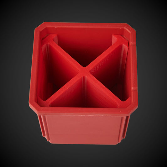 Red plastic container with 4-Way Standard Single Bin Divider (MP) on a black background