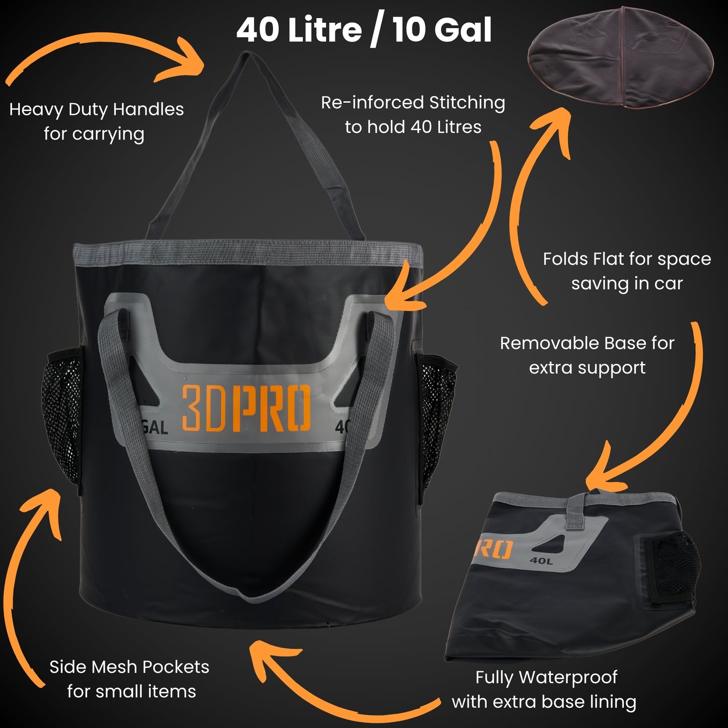 40L Black Folding Bucket Selling Points such as heavy duty, re-inforced stitching, folds flat for space saving, removable base, side mesh pockets, and fully waterproof.
