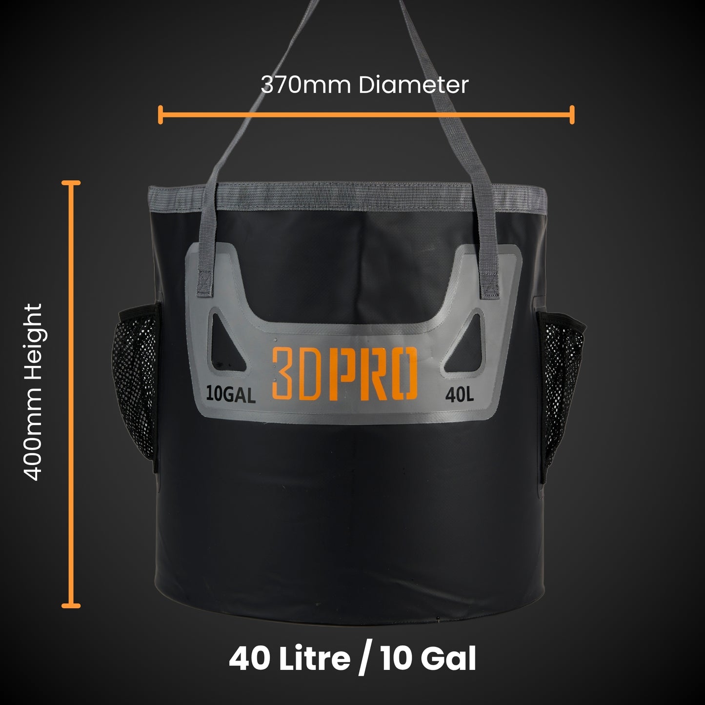Black folding bucket with '3DPRO' branding and measurements on a dark background