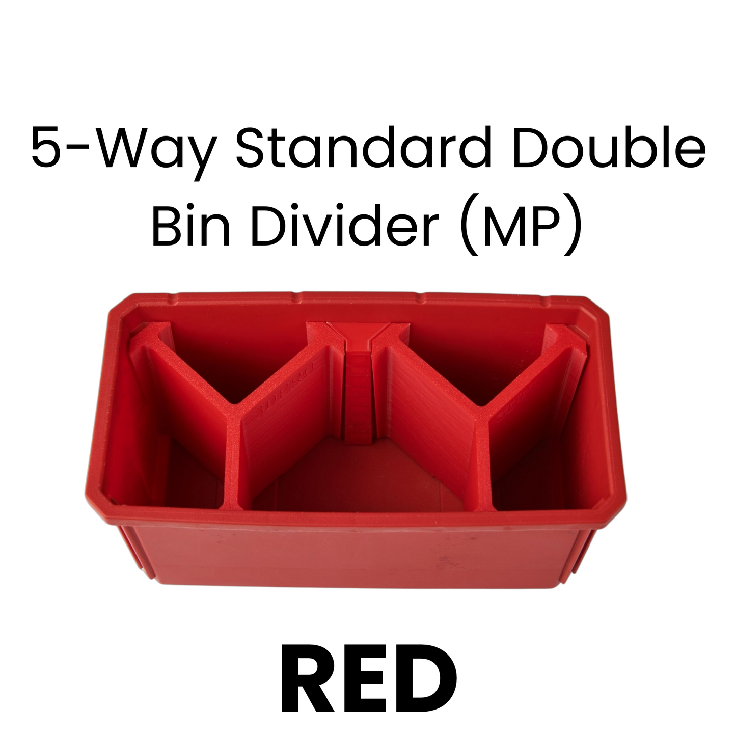 Red 5-way standard double bin divider with text on a white background