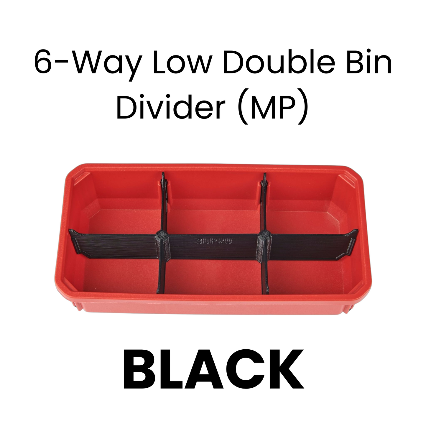Red storage bin with black 6-Way Low Double Bin Divider (MP)