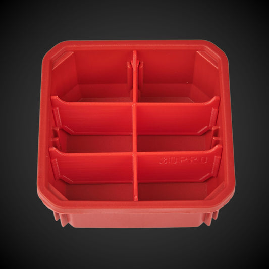 A red Milwaukee low single bin with a red 6-Way Low Single Bin Divider (MP)