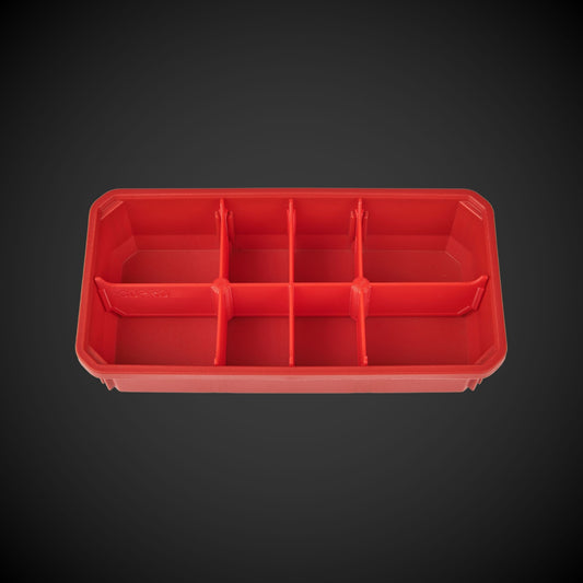 Red Milwaukee bin with 8-Way Low Double Bin Divider (MP) on a black background