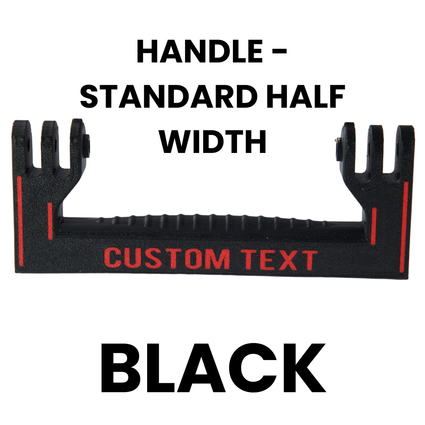 Black handle with customizable text on a white background