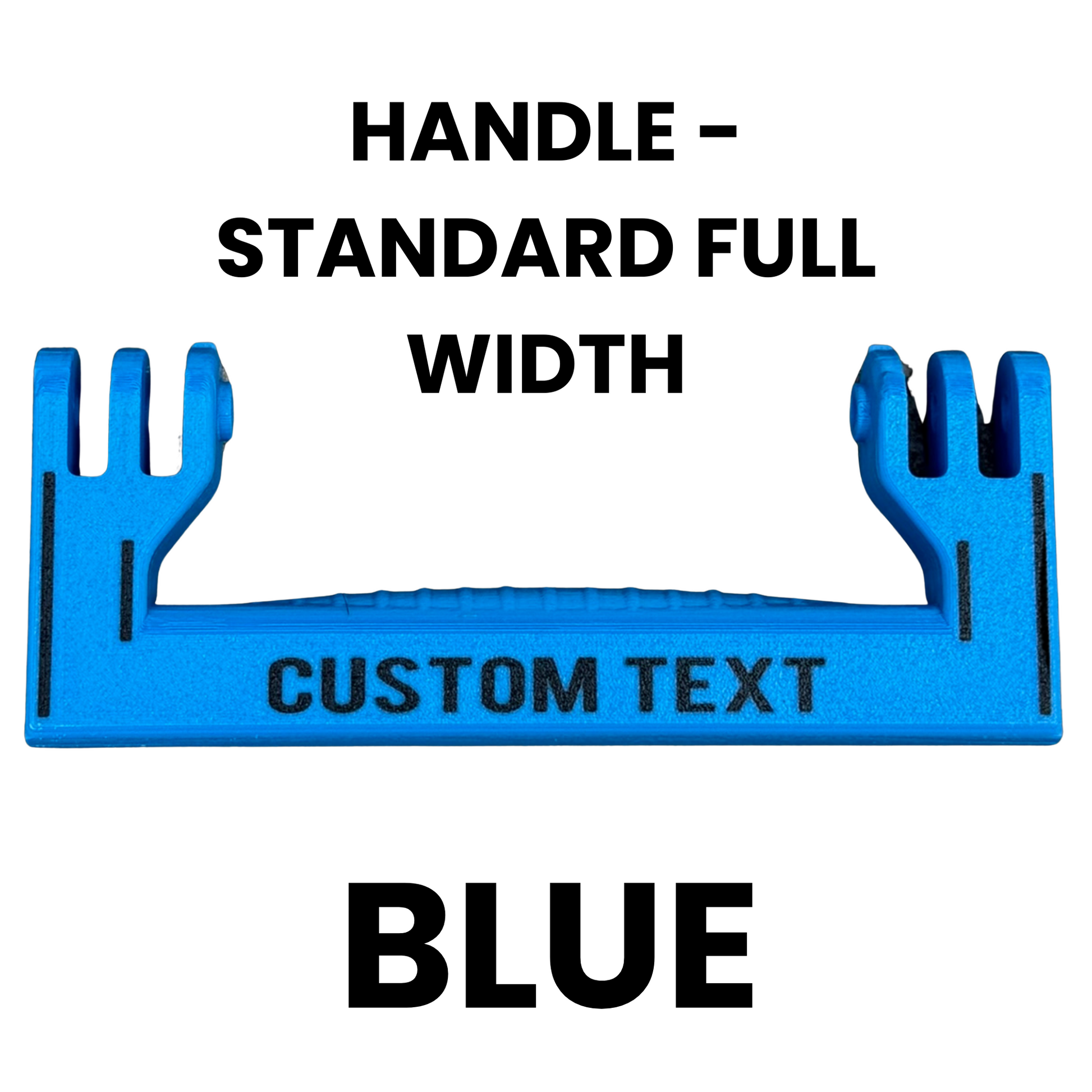 Blue handle with customizable text on a white background