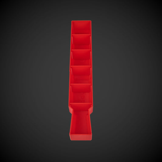 A red set of Milwaukee Slim Packout Centre bin dividers displayed in a vertical arrangement against a black background.