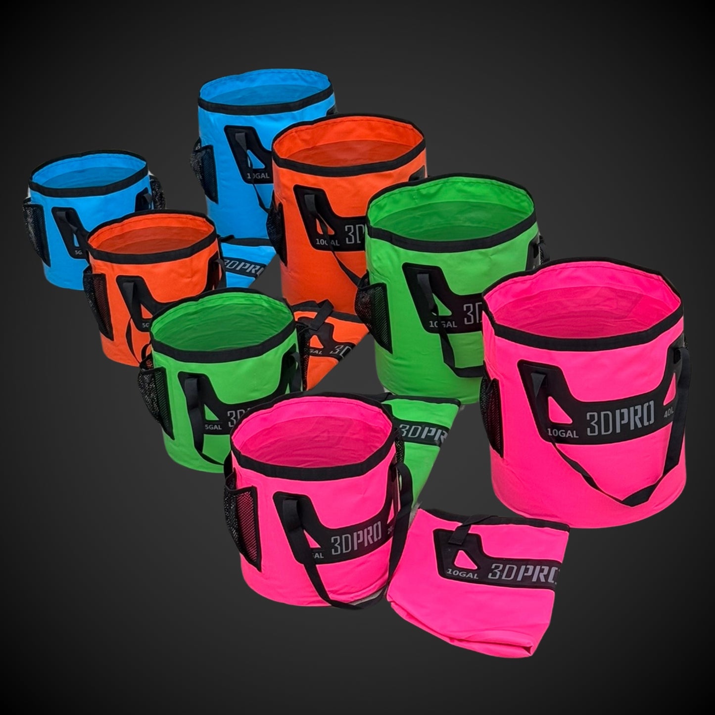 Colorful folding buckets with '3DPRO' branding
