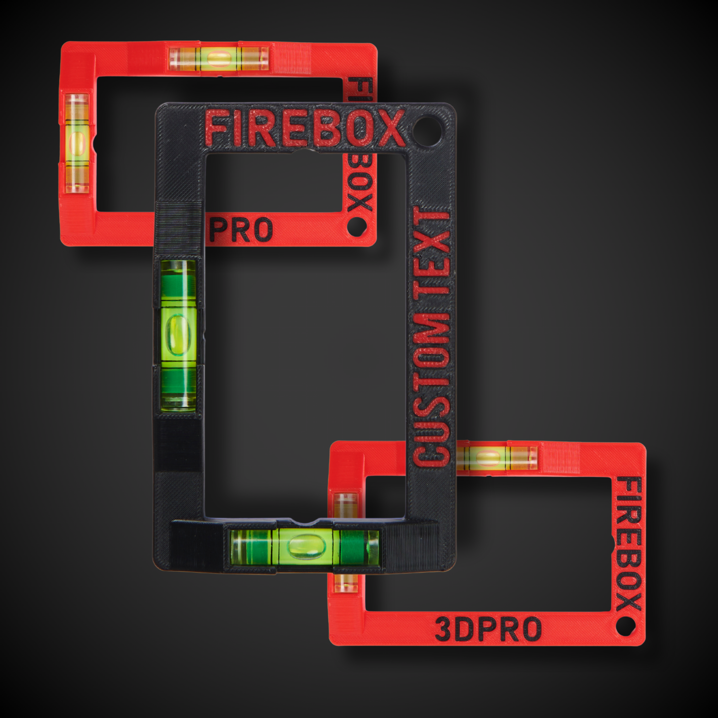 Three red and black level tools with 'Firebox' branding on a dark background