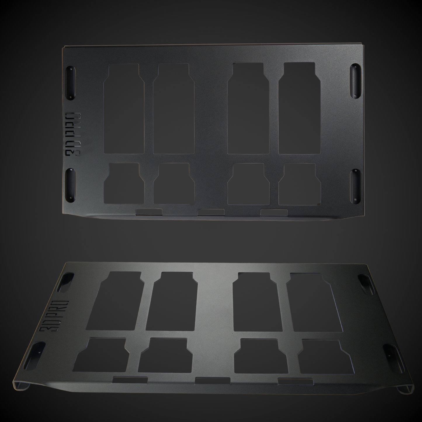 Two Full Width Shelf (Pack A Shelf) with cut-out sections on a dark background