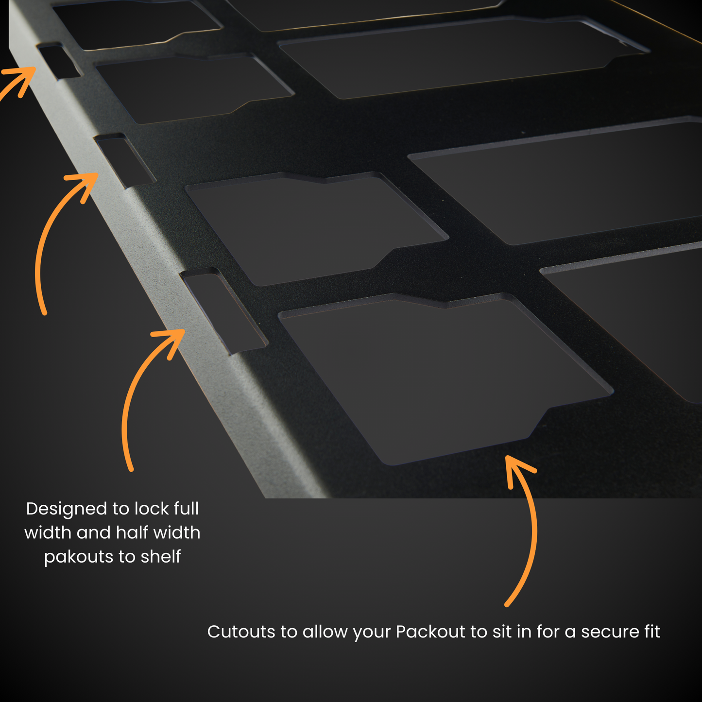 Full Width Shelf (Pack A Shelf) with cutouts and arrows indicating design features on a black background