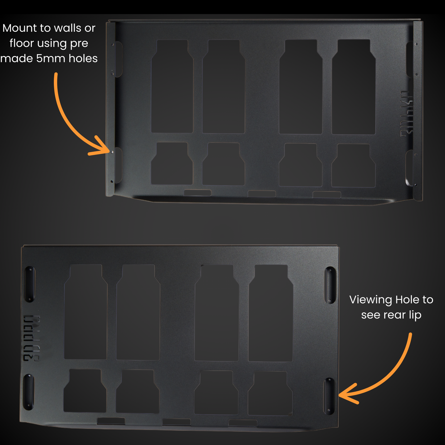 Full Width Shelf (Pack A Shelf)with pre-made holes for mounting, labeled with instructions on use.