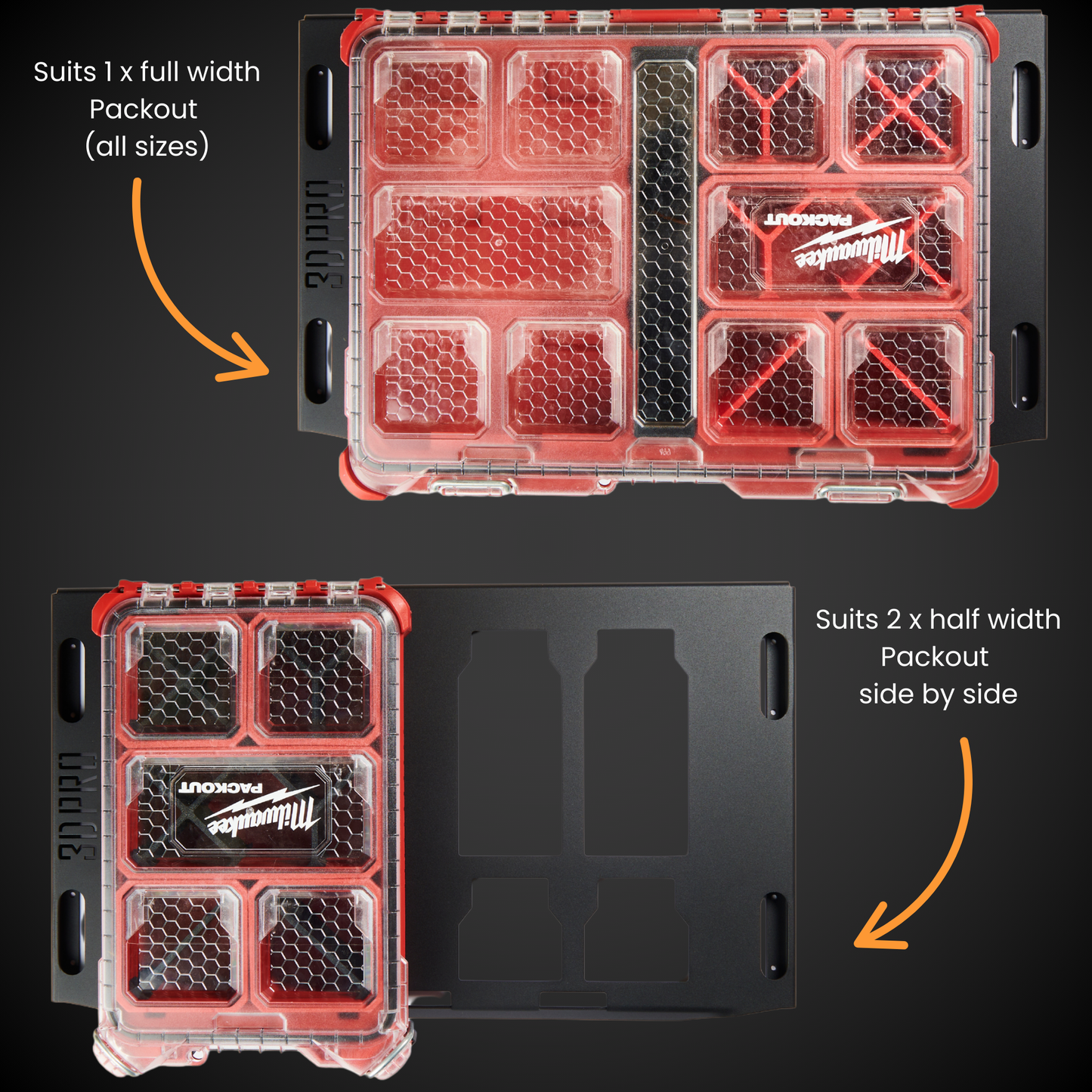 Milwaukee tool organizer with clear compartments on a black background