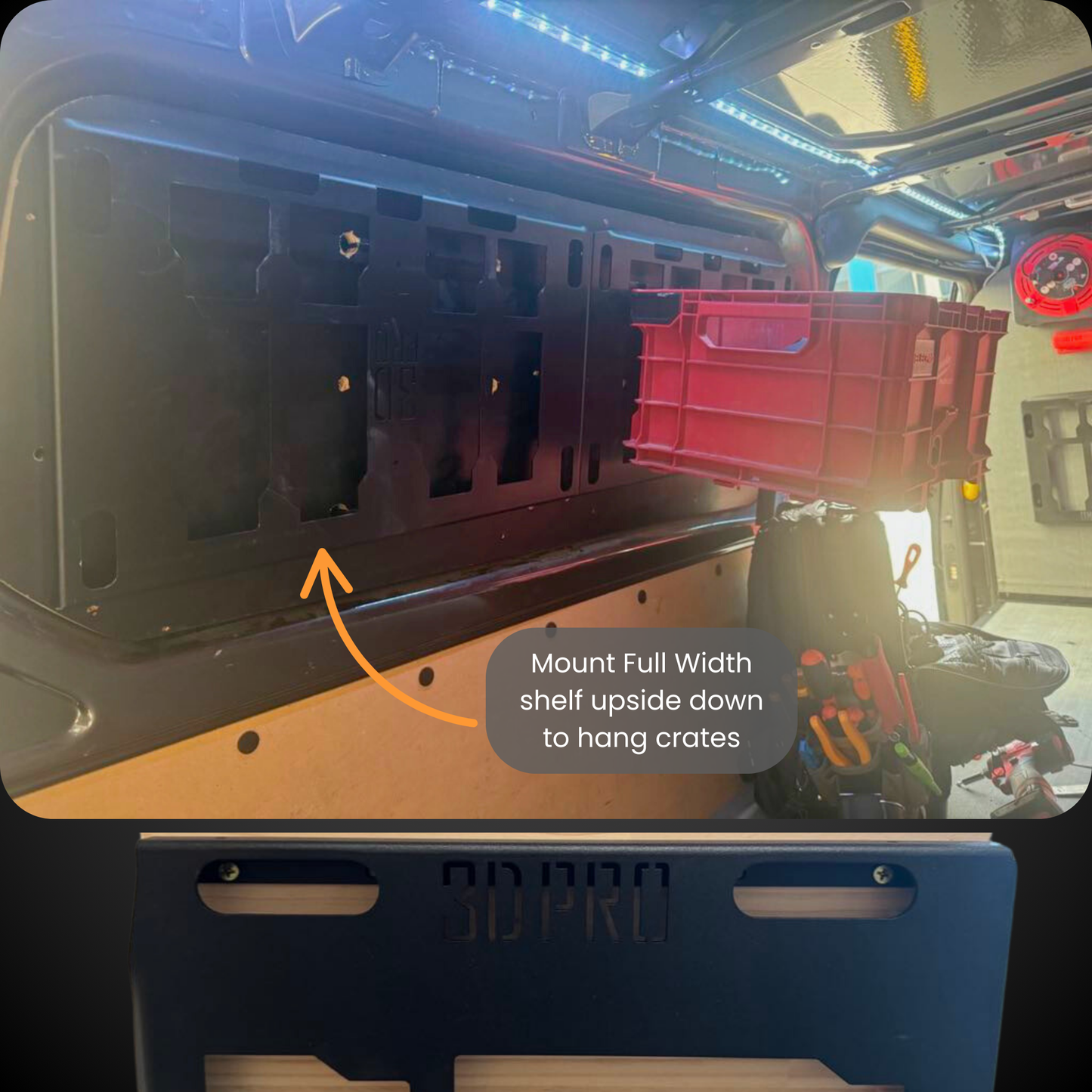 Storage unit with a full-width shelf mounted upside down, showing how to hang crates.