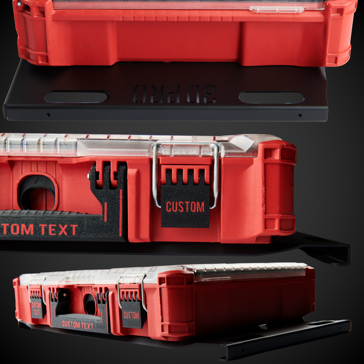 Red Milwaukee packout with customizable text on a black background