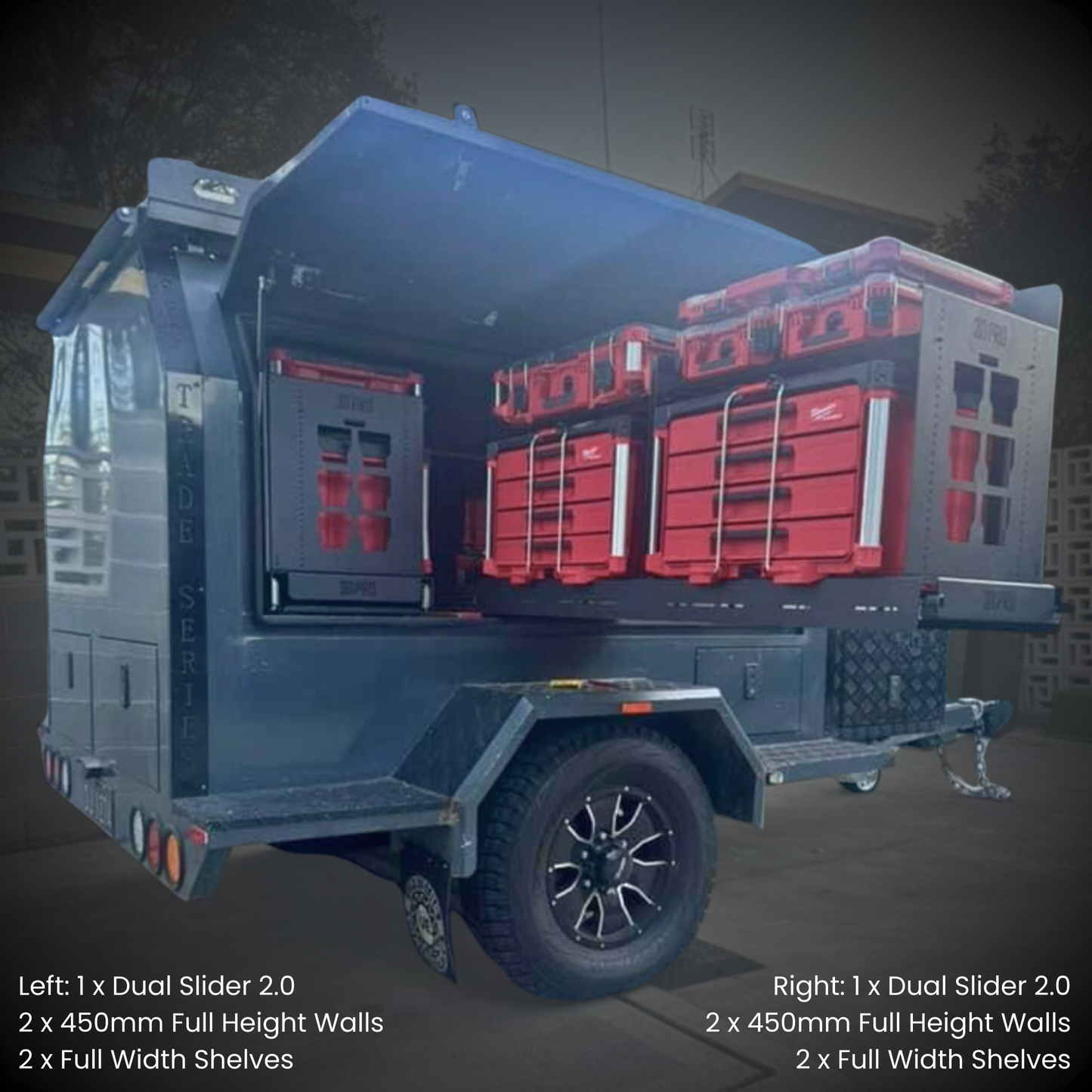 Trailer with storage compartments labeled for different configurations