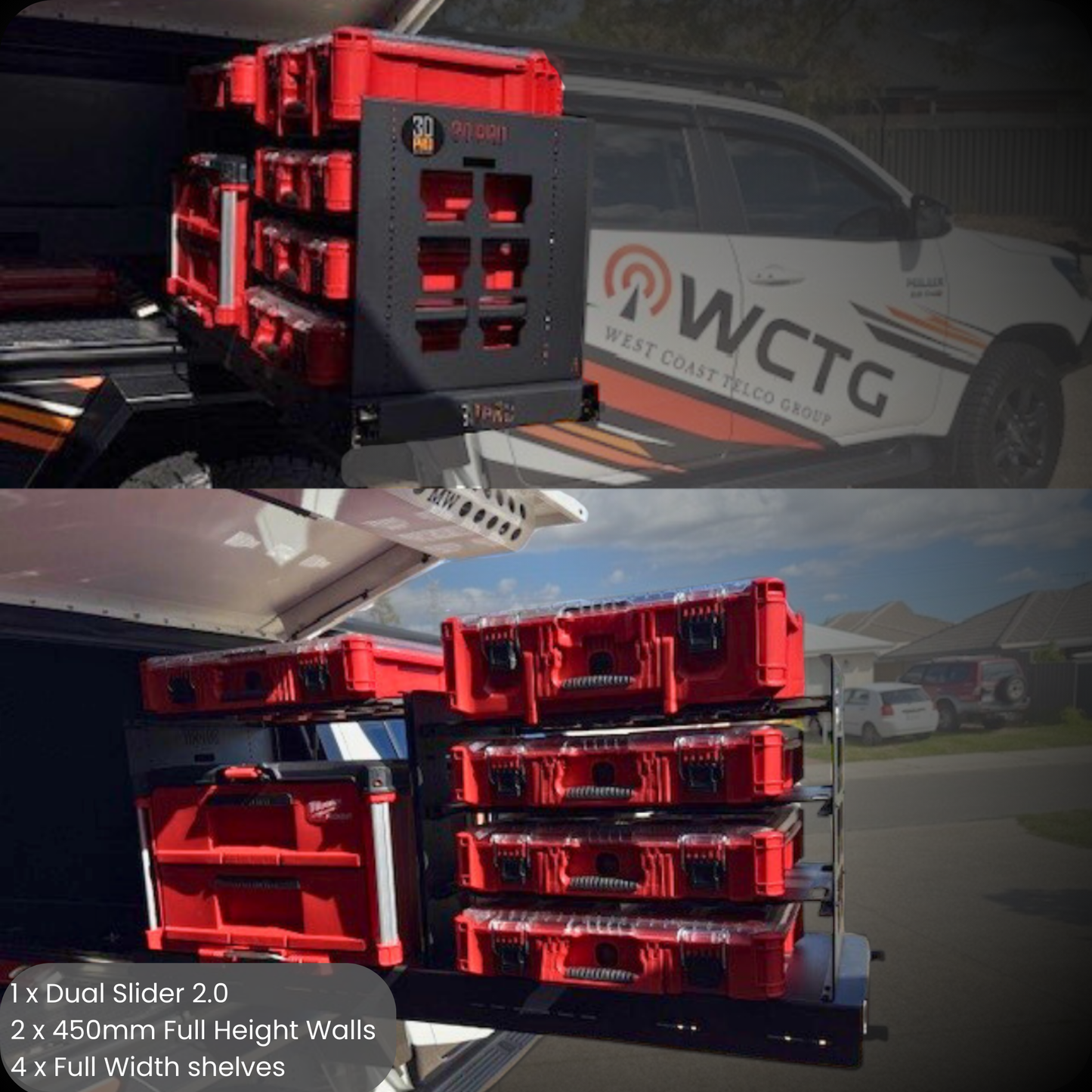 Red tMilwaukee packout with shelves on a car, WCTG truck in the background