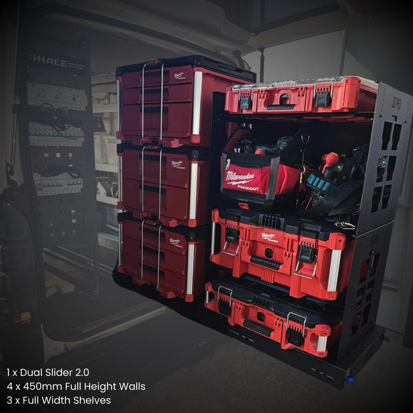 Stack of red tool storage boxes with tools inside, set against a dark background.