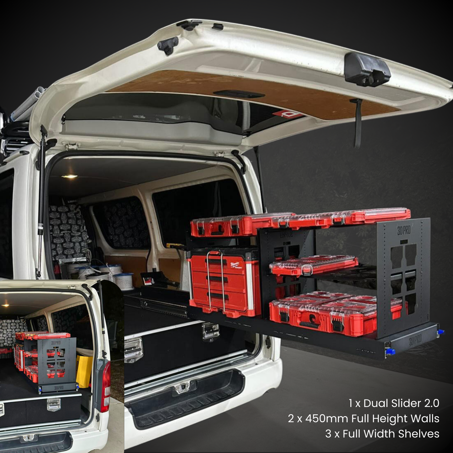 Van with open cargo area showing a dual slider, 450mm walls, and full width shelves